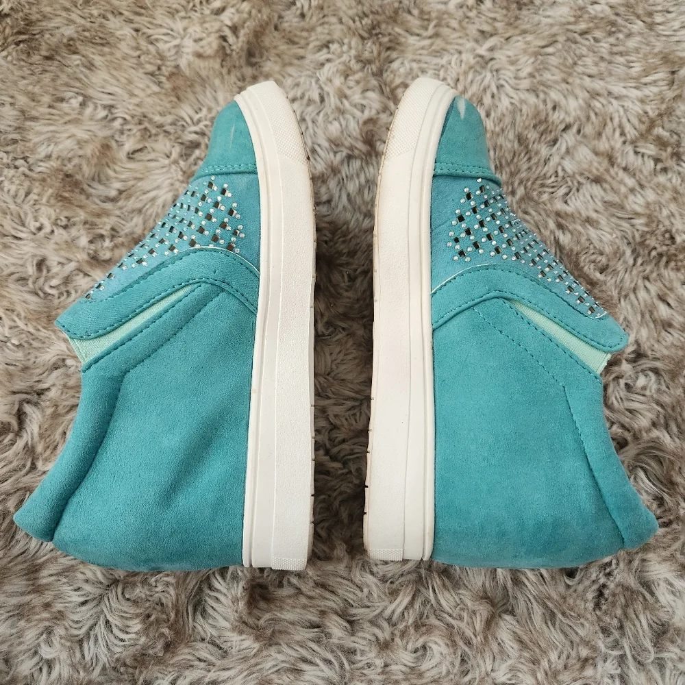 Unbranded Faux Suede‎ Wedge Sneakers Teal Green With Rhinestone Detail Women's 9